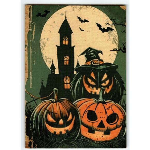 Vintage Halloween Postcard with Jack-o'-Lanterns & Haunted House Moon - Picture 1 of 2